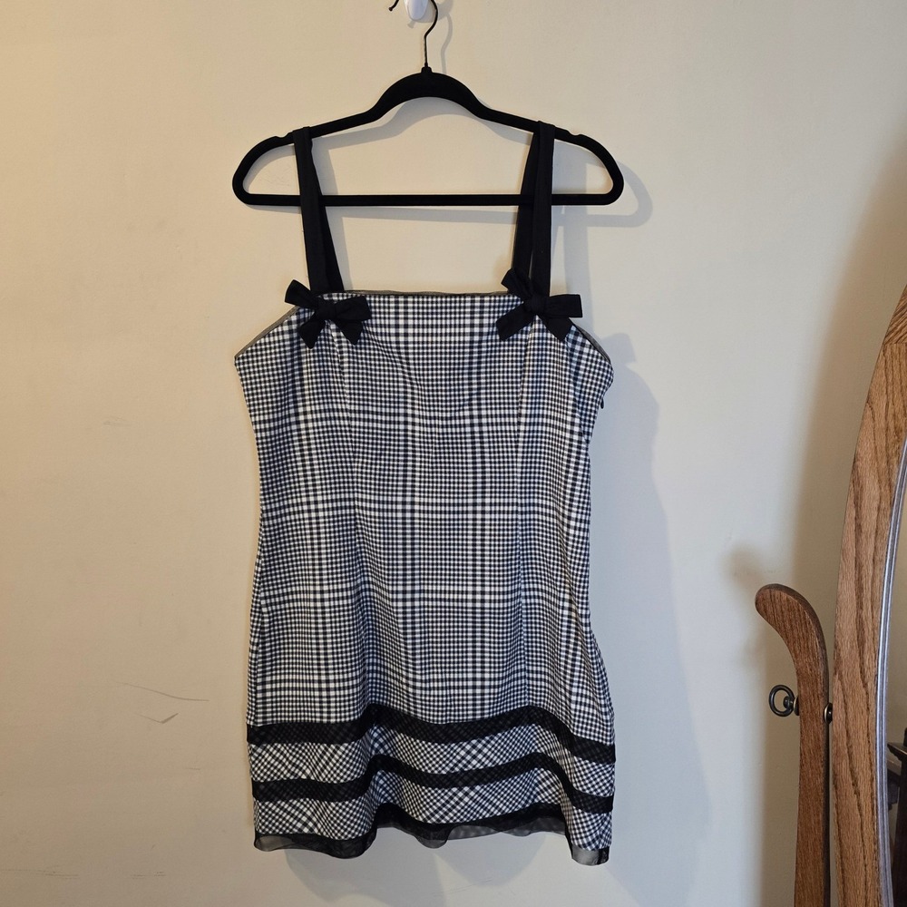Kimchi Blue Houndstooth Plaid Bow Mini Dress Black White Large Sleeveless Mesh - Picture 2 of 8